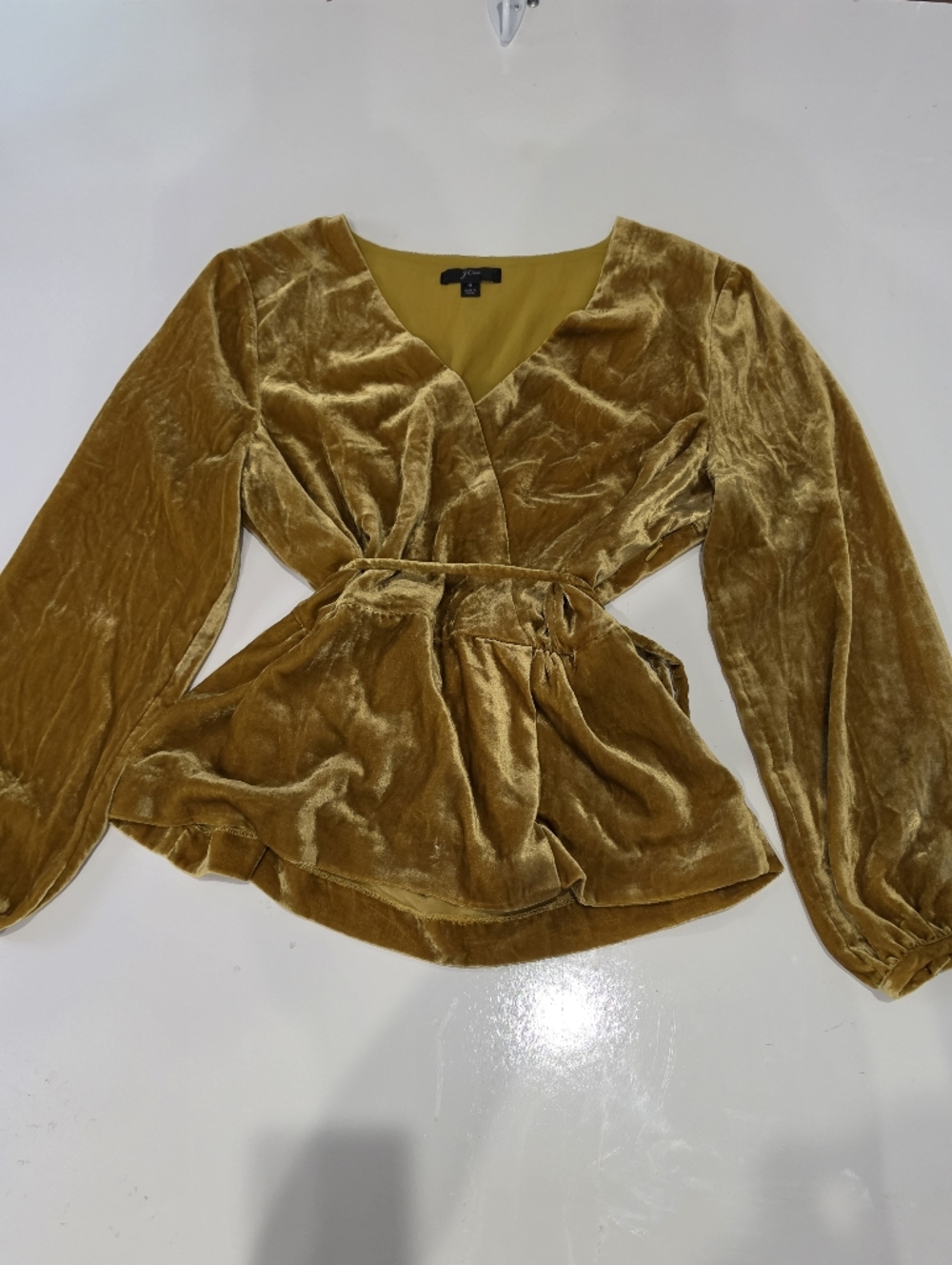 J CREW Velvet Peplum Long Sleeve Top in Mustard SIZE 8 Boho